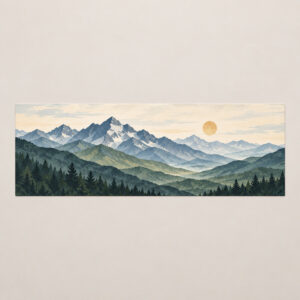 Mountain Range Tailgate Wrap with wide mountain range in layered slate and sage with a small sun