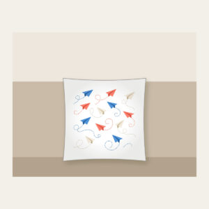 Paper Planes on Dotted Trails Pillow in white: Little paper planes trail dotted paths in blue, coral and cream.