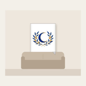 Crescent Moon and Olive Sprigs Fleece Blanket in white: A centered crescent moon is flanked by olive sprigs in cobalt and gold line art on white.