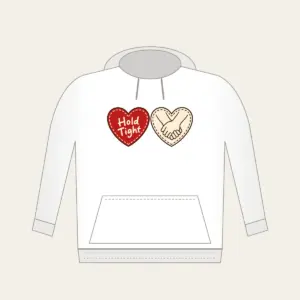 Hold Tight Heart and Hands Hoodie in white: A red dashed heart marked “Hold Tight” on one side and two clasped cream hands in brown on the other.