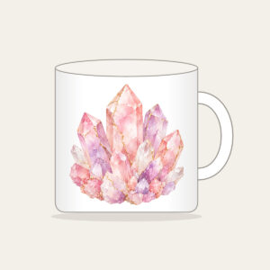 Rose Quartz Crystal Pattern Mug in white: A rose quartz crystal pattern in blush, lilac and white with fine gold lines.