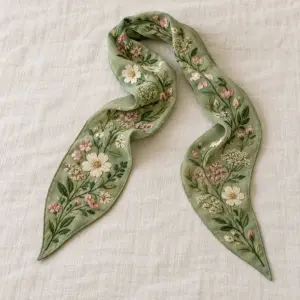 Narrow green floral embroidered hair scarf folded on linen