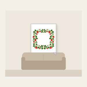 Strawberry and Blossom Border Fleece Blanket in white: A border of strawberries and blossoms in red, cream and green surrounds a plain center.