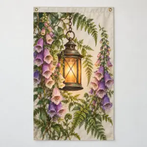 Lantern Garden House Flag with a hanging lantern surrounded by foxgloves and fern leaves in warm amber, violet and green on a pale stone ground