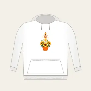 Striped Rocket in Sunflower Pot Hoodie in white: A small striped rocket lifts off from a pot of sunflowers in white, yellow and orange.
