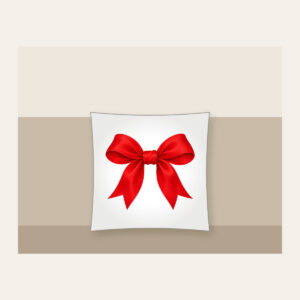 Single Red Ribbon Bow Pillow in white: One plain red ribbon bow, with no other artwork.