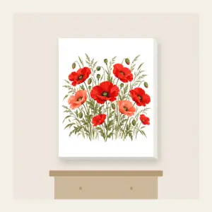 Poppies and Tall Grasses on Cream Canvas Print in white: Red and coral poppies stand among tall olive grasses on a cream ground.