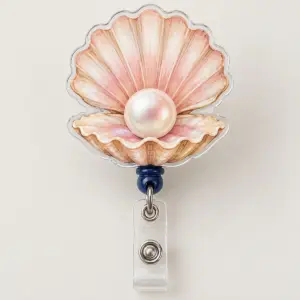 Pearl Scallop Badge Reel with a scallop shell holding a single pearl in blush and sand tones
