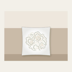 Moss Contour Map Pillow in white: Topographic contour lines in moss, sand and cream with a tiny peak marker.