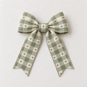 Dotted Gingham Decorative Bow with printed bow pattern of two-tone gingham check in sage and cream with tiny hearts and edge stitching lines