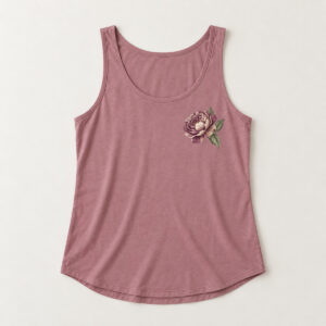 Mauvelous Peony Relaxed Tank with compact left-chest panel print of a single peony bloom with two leaves in plum, cream and sage