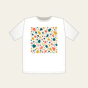 Coral, Teal and Mustard Terrazzo Pebbles T-Shirt in white: All-over terrazzo pebbles in coral, teal and mustard on a cream ground with clear breathing room.