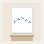 Five Swallows in a Gentle Arc Canvas Print in white: Five swallows in cream and sky blue fly in an arc along a fine dotted trail.