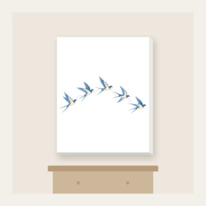 Five Swallows in a Gentle Arc Canvas Print in white: Five swallows in cream and sky blue fly in an arc along a fine dotted trail.