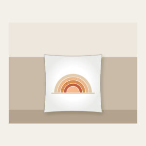 Stepped Arc Sunrise Over the Horizon Pillow in white: A rising sun built from five stepped arcs in apricot, rust and sand above one thin horizon line.