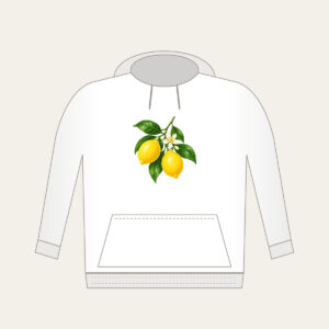 Lemon Branch in Blossom Hoodie in white: A single lemon branch carries two lemons, glossy leaves and a small blossom in lemon yellow, leaf green and cream.