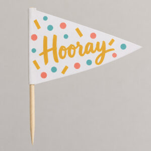 Confetti Pennant Cupcake Topper with small pennant flags and star confetti in coral, teal and gold with the exact text "Hooray"