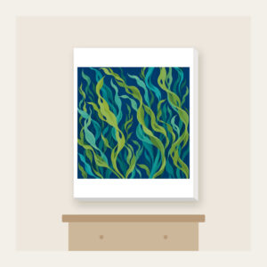 Swaying Kelp Ribbons on Deep Blue Canvas Print in white: Long kelp ribbons in green and teal sway across a deep blue background.