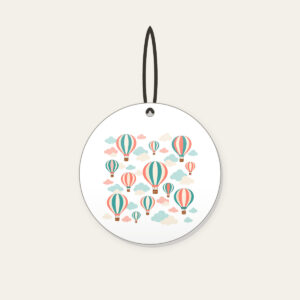 Striped Hot Air Balloons in the Clouds Ceramic Ornament in white: Striped hot air balloons drift through clouds in coral, teal and cream.