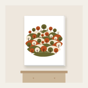 Rolling Orchard Hills Canvas Print in white: Rows of round trees on hills in olive, rust and cream.