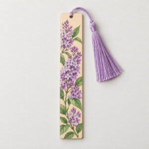 Lilac Sprig Wooden Bookmark with flat printed lilac blossoms and leaves along the wooden bookmark with lilac tassel