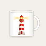 Striped Lighthouse Beam Mug in white: A red and white striped lighthouse sends out a gentle golden beam of light.