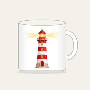 Striped Lighthouse Beam Mug in white: A red and white striped lighthouse sends out a gentle golden beam of light.