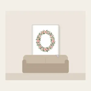 Oval Rose Wreath in Blush and Sage Fleece Blanket in white: An oval wreath of roses and leaves in blush and sage that leaves a quiet open space in the middle.