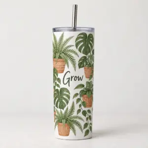 White straight-body tumbler printed with terracotta pots and fern leaves, with steel straw