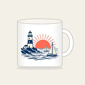 Lighthouse and Two Sailboats Mug in white: A navy lighthouse, two cream sailboats outlined in navy and a coral rising sun.