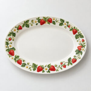 Picnic Berry Oval Platter with a border of strawberries and blossoms in red, cream and green around a plain center