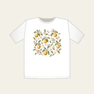 Golden Pears and Blush Blossoms T-Shirt in white: Small golden pears, blush blossoms and sage leaves scatter across an airy white ground.