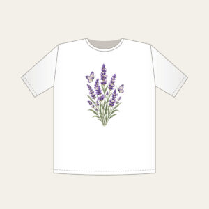 Lavender Stems and Two Butterflies T-Shirt in white: Tall lavender stems rise beside two small butterflies in violet, cream and sage.