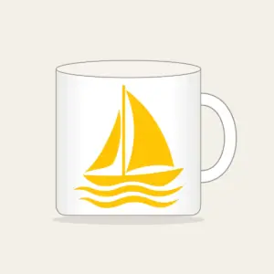 Little Sailboat on Three Ripples Mug in white: A white and yellow sailboat glides above three ripple lines.