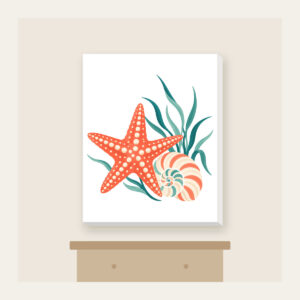 Starfish, Spiral Shell and Sea Grass Canvas Print in white: A starfish, a spiral shell and a sprig of sea grass in coral, cream and teal.
