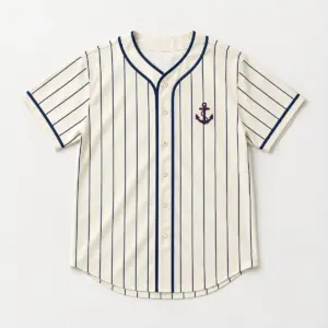 Harbor Pinstripe Baseball Jersey with cream and navy pinstripes with a small anchor crest on the chest in red and navy