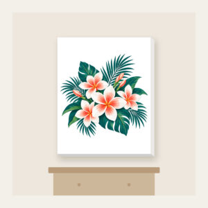 Plumeria and Palm Leaves on Deep Teal Canvas Print in white: White and coral plumeria blossoms and palm leaves glow against a deep teal base.