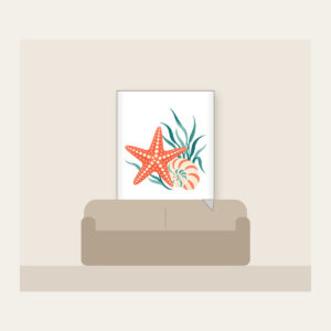 Starfish, Spiral Shell and Sea Grass Fleece Blanket in white: A starfish, a spiral shell and a sprig of sea grass in coral, cream and teal.