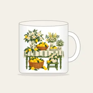 Lemon and Flower Market Stall Mug in white: A market table piled with lemons and blossoms in lemon yellow, cream and green.