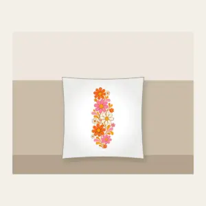 Retro Daisy Rows in Orange and Pink Pillow in white: Retro daisies climb upward in orange, pink and cream.