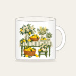 Lemon and Flower Market Stall Mug in white: A market table piled with lemons and blossoms in lemon yellow, cream and green.