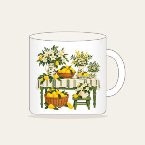 Lemon and Flower Market Stall Mug in white: A market table piled with lemons and blossoms in lemon yellow, cream and green.