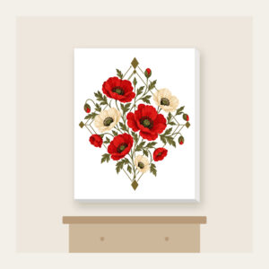 Poppy Diamond Garden Canvas Print in white: Diamond lines hold scattered poppies in red, cream and olive.