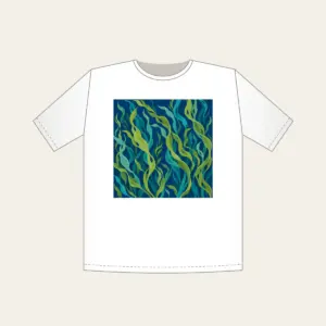 Swaying Kelp Ribbons on Deep Blue T-Shirt in white: Long kelp ribbons in green and teal sway across a deep blue background.