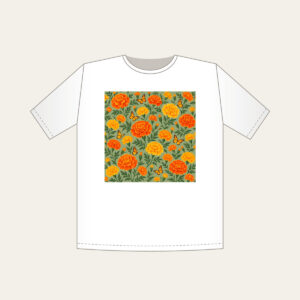 Marigolds and Butterflies on Sage T-Shirt in white: An all-over repeat of marigolds and small butterflies in orange and yellow on a sage ground.