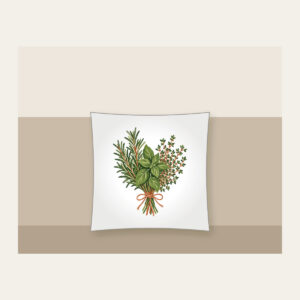 Herb Bundle with String Pillow in white: A bundle of rosemary, basil and thyme tied with string in green, cream and terracotta.