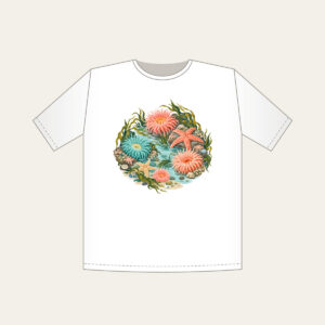 Coral Tidepool Anemones T-Shirt in white: Anemones, starfish and sea grass gather in coral, teal and sand over a pale aqua ground.