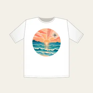 Coastal Sunrise Bands with a Compass Rose T-Shirt in white: Bands of peach, coral and teal show a coastal sunrise, with tiny waves and a small compass rose.