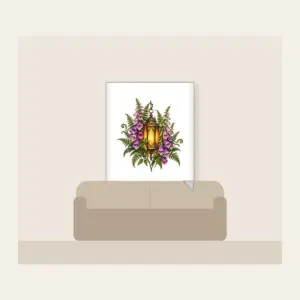 Lantern Among Foxgloves and Ferns Fleece Blanket in white: A suspended lantern glows amber among violet foxgloves and green fern leaves on a pale stone ground.