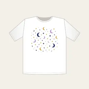 Scattered Stars and Crescents T-Shirt in white: Small stars and crescent moons scattered across the night in navy, lilac and gold.